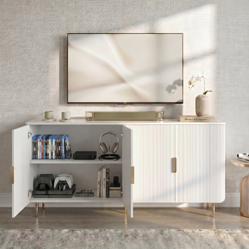Meuble télé 64,8 po avec poignées dorées et meuble télé minimaliste pour téléviseur de 75 po ou moins, Blanc / Doré