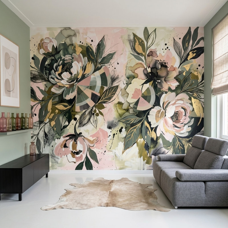 Décoration murale moderne à grande échelle avec aquarelle botanique amovible, 140 po x 108 po, Non-Woven Nonpasted