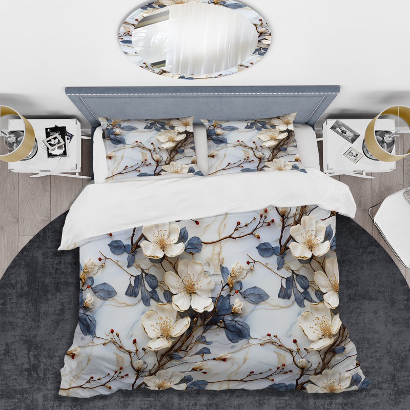 Ensemble de housse de couette à motif marbré blanc et bleu Magnolias, Housse de couette pour grand lit et 2 taies décor