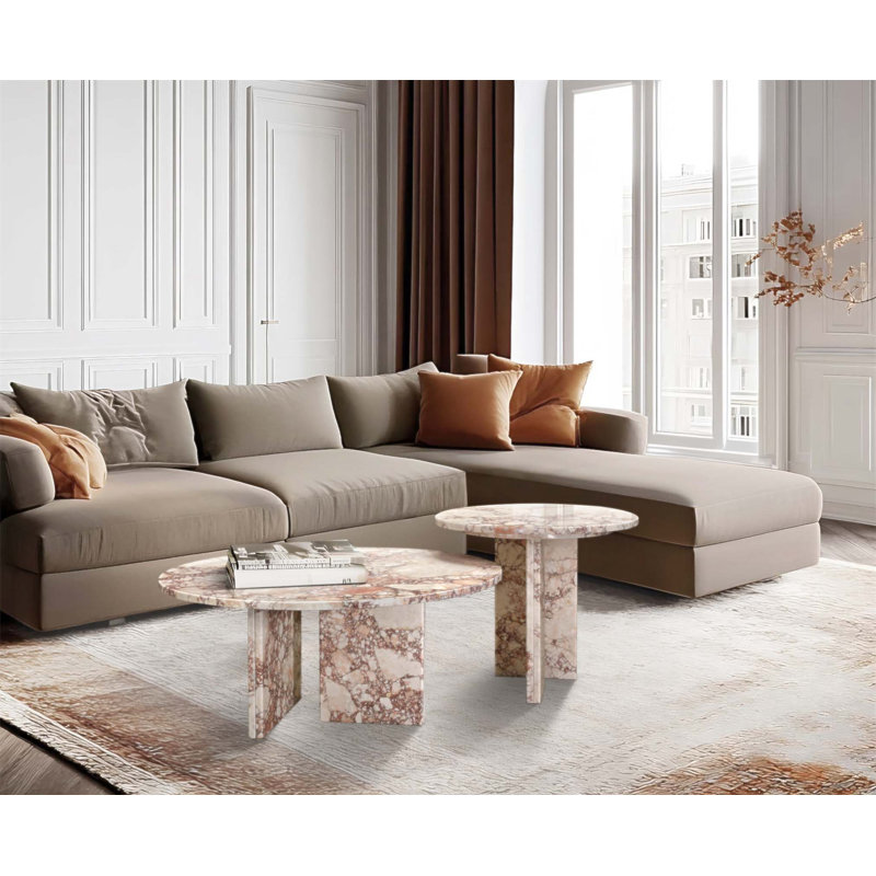 Ensemble de 2 tables basses gigognes en marbre rose naturel de luxe, fini poli, idéal pour une touche d'élégance dans votre salon.