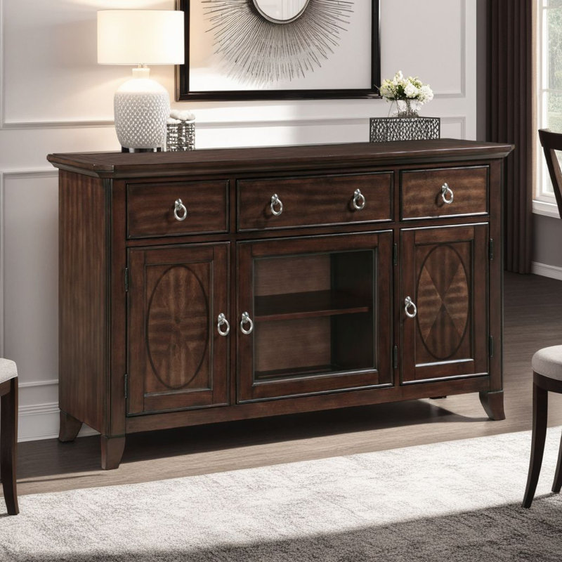Buffet console Rinie, armoire 3 tiroirs et 3 tiroirs, bois brun cerise