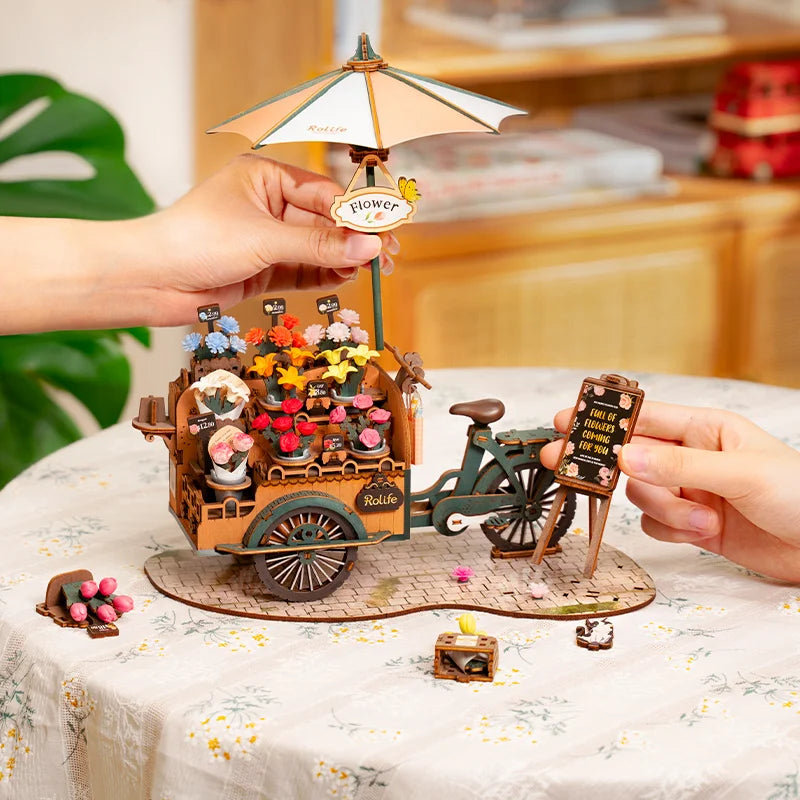 3D Wooden Blossom Cart Puzzle Kit - Decorative Craft Model For Adults And Children
