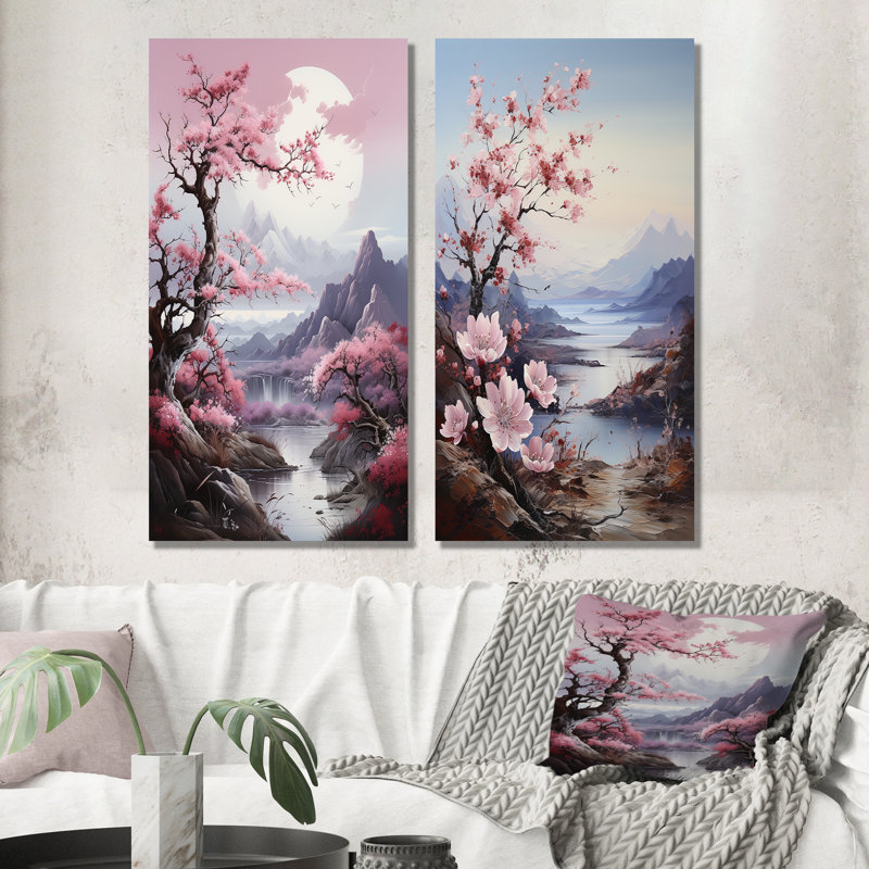 Paysage de cerisier rose du Japon - paysage de mur d'art floral, ensemble de 2, Toile tendue, H 32 po x l 33 po