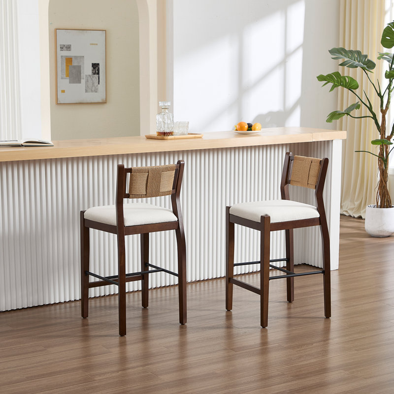 Farmhouse Solid Wood Barstool With Braided Rope Backrest, Upholstered Low Barstool For Bar And Kitchen Island Set Of 2, White