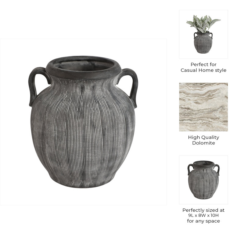 Stoneware Table Vase, Black/Ivory, 10" H x 9" W x 8" D