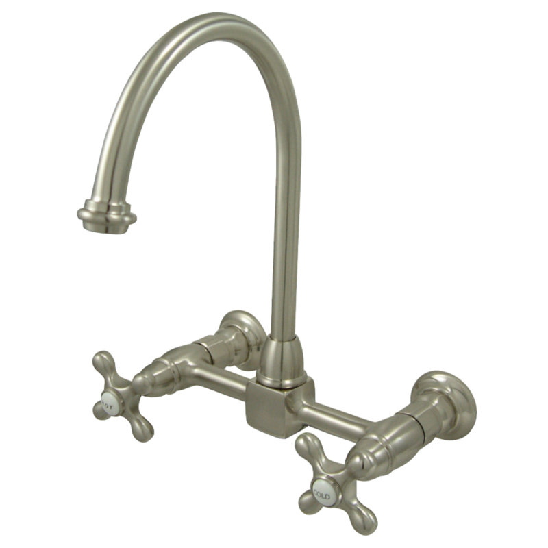 Kingston Brass Restoration Double-Handle 2-Hole Wall-Mount Bridge Kitchen Faucet, Brushed Nickel