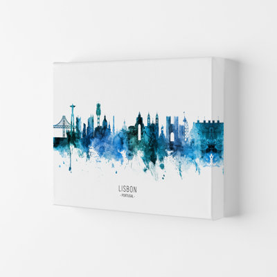 Lisbon Portugal Skyline Blue City Name by Michael Tompsett - Print