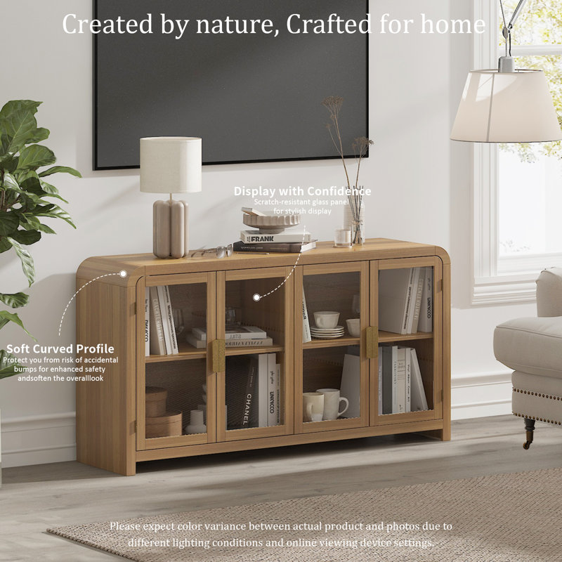 Cevat 60'' Boho Buffets & Sideboards with Sideboard Cabinet with 4 Glass Doors, Yellow