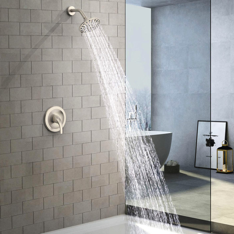 Wall - Mounted 6 Functions Single Handle Shower With Included Valve And Arm, Adjustable Spray Pattern, 360° Joint On Head, Holes For Wipe Off, Brushed Nickel Plastic Product Pattern Faucet Head Via