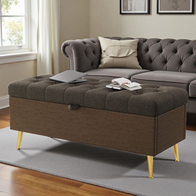 Upholstered Storage Bench With Gold Metal Legs, Coffee