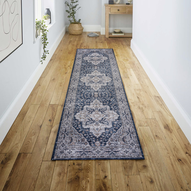 Sarok Boho Medallion Machine-Washable Navy/Light Gray Rug, Runner 2' x 8'