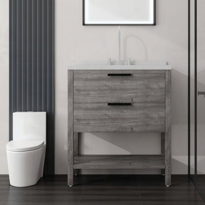 Meuble-lavabo autoportant avec lavabo, tiroir à fermeture amortie et comptoir en marbre synthétique blanc de Carrare de 5 cm avec dosseret, contreplaqué, gris