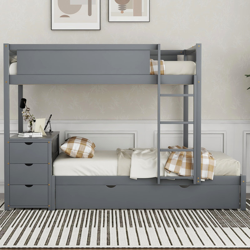 Lit superposé avec finition grise, lit gigogne simple et rangement de bureau, prises pour lit gigogne pratique, tiroirs cachés