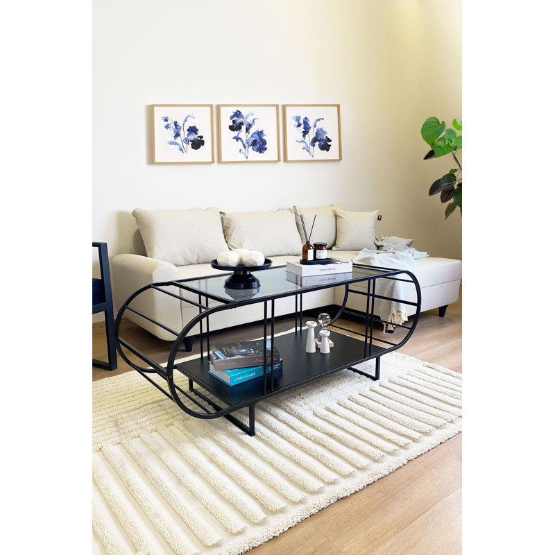 Modern Coffee Table with Tempered Smoked Glass, 100% Melamine Coated Black Chipboard & 100% Metal Frame | Industrial Design, Durable & Stylish for Living Room or Office