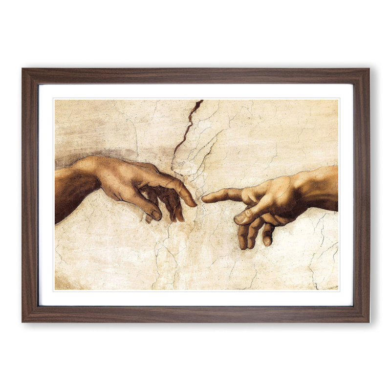 Creation of Adam Hands by Michelangelo - Picture Frame Painting on MDF, Walnut Framed, 27cm H x 36cm W x 2cm D