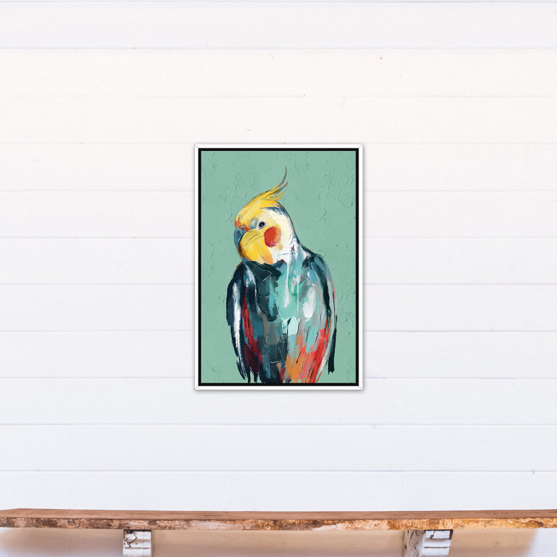 Cockatiel coloré - Peinture sur toile, H 31,75 po x P 21,75 po x P 1,75 po, Toile à cadre flottant blanc