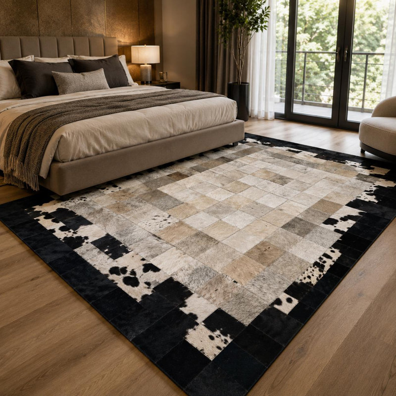 Tapis en cuir de vache fabriqué à la main en patchwork, tapis noir et blanc ivoire, Tapis de couloir 2,5 x 8 pi