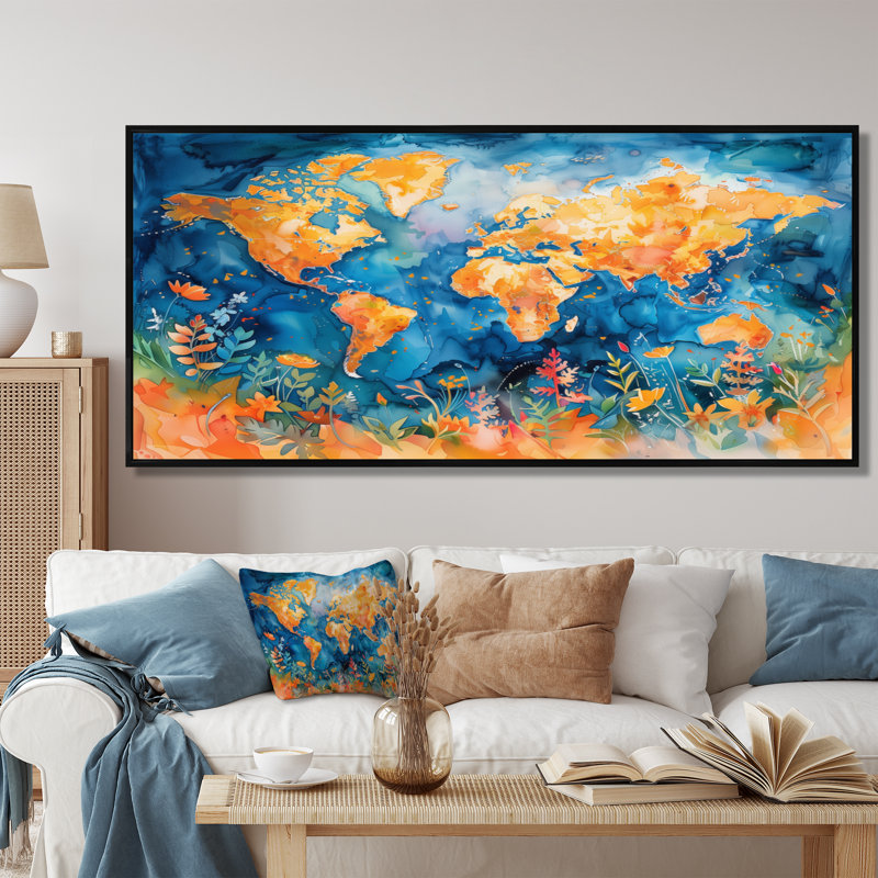 Carte du monde orange et bleue - décoration murale carte du monde, H 28 po x l 60 po x P 1,5 po, Cadre flottant noir