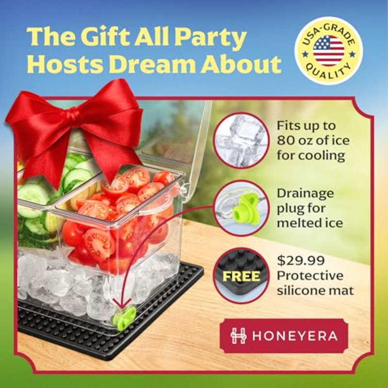 Chilled Condiment Server|Hosting Essentials For Up To 80 Oz Of Ice|Bar Supplies Drain Plug|BPA-Free Taco Bar/Salad Bar | Food-Safe Condiment Caddy|Hosting Party Essentials
