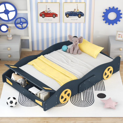 THALINA Dark Blue And Yellow Full Size Race Car Platform Bed With Storage And Decorative Wheels