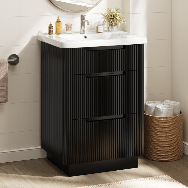 24" Single Bathroom Vanity With Fluted Panel Design And  Ceramic Sink, Black