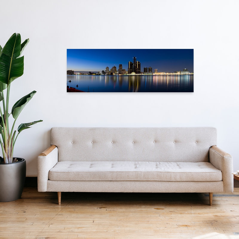 Buildings in a city lit up at dusk Detroit River Detroit Michigan USA 1 Piece Wrapped Canvas Panoramic Wall Art