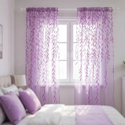 4 panneaux de rideaux transparents mignons à motif de feuilles de saule de style pastorale à motif floral de style saule 39,37 x 78,74 po, mauve