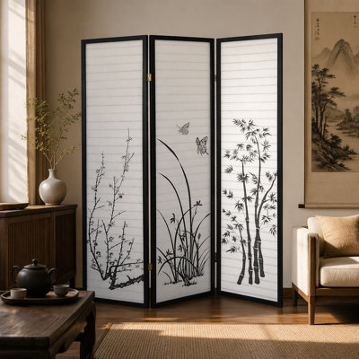 3-Panel Room Divider with Floral Design and Black Finish, Perfect for Privacy and Space Definition