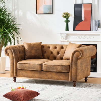 Canapé en tissu 63 po Chesterfield ,Tech, canapé à accoudoirs roulés en tissu High-Tech, canapé rembourré de style Mid-Century, canapé 2 places pour salon, bureau, appartement, brun