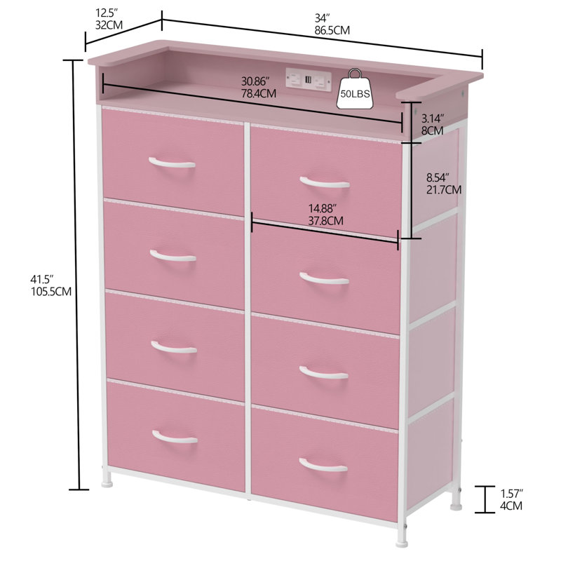 Commode haute pour chambre avec station de charge, 8 tiroirs, éclairage DEL, rangement pour entrée, placard, structure robuste en acier, plateau en bois, poignées faciles à tirer