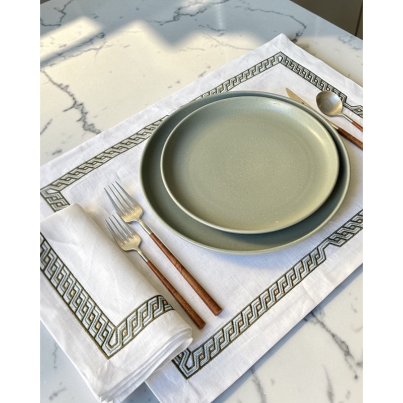 Aegean Key Embroidered Linen Placemat