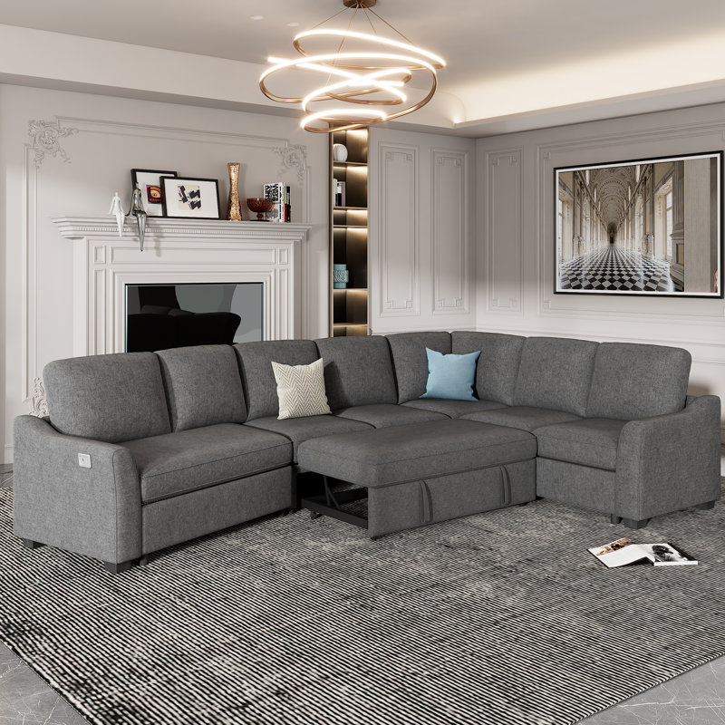 Ginelie 3 - Piece Sectional Sleeper Sofa with Pull-Out Bed, Modern L-Shape Couch Bed with USB Charging Port, Sectional Sofa Couch