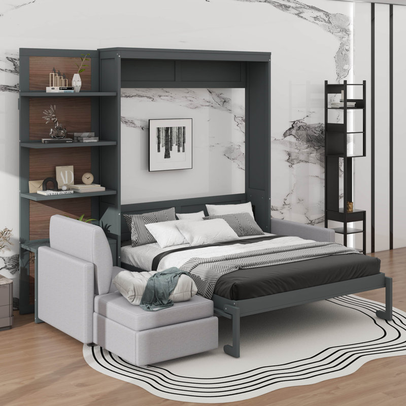 Grand lit escamotable avec canapé et tablettes, Gris