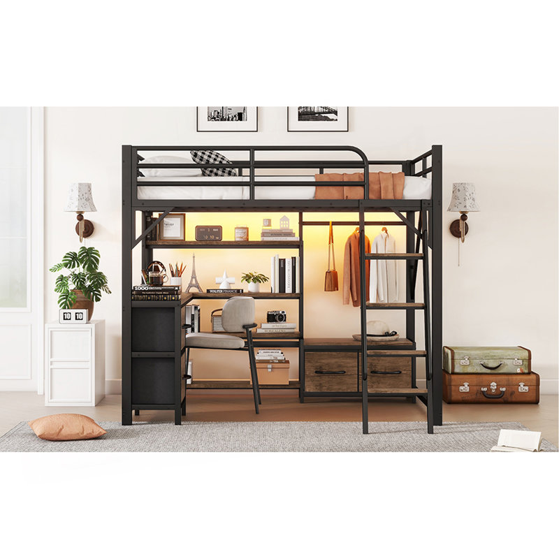 Lit mezzanine double avec bureau et lumière, lit mezzanine en métal avec tablettes de rangement, garde-robe et tiroirs pour garçons