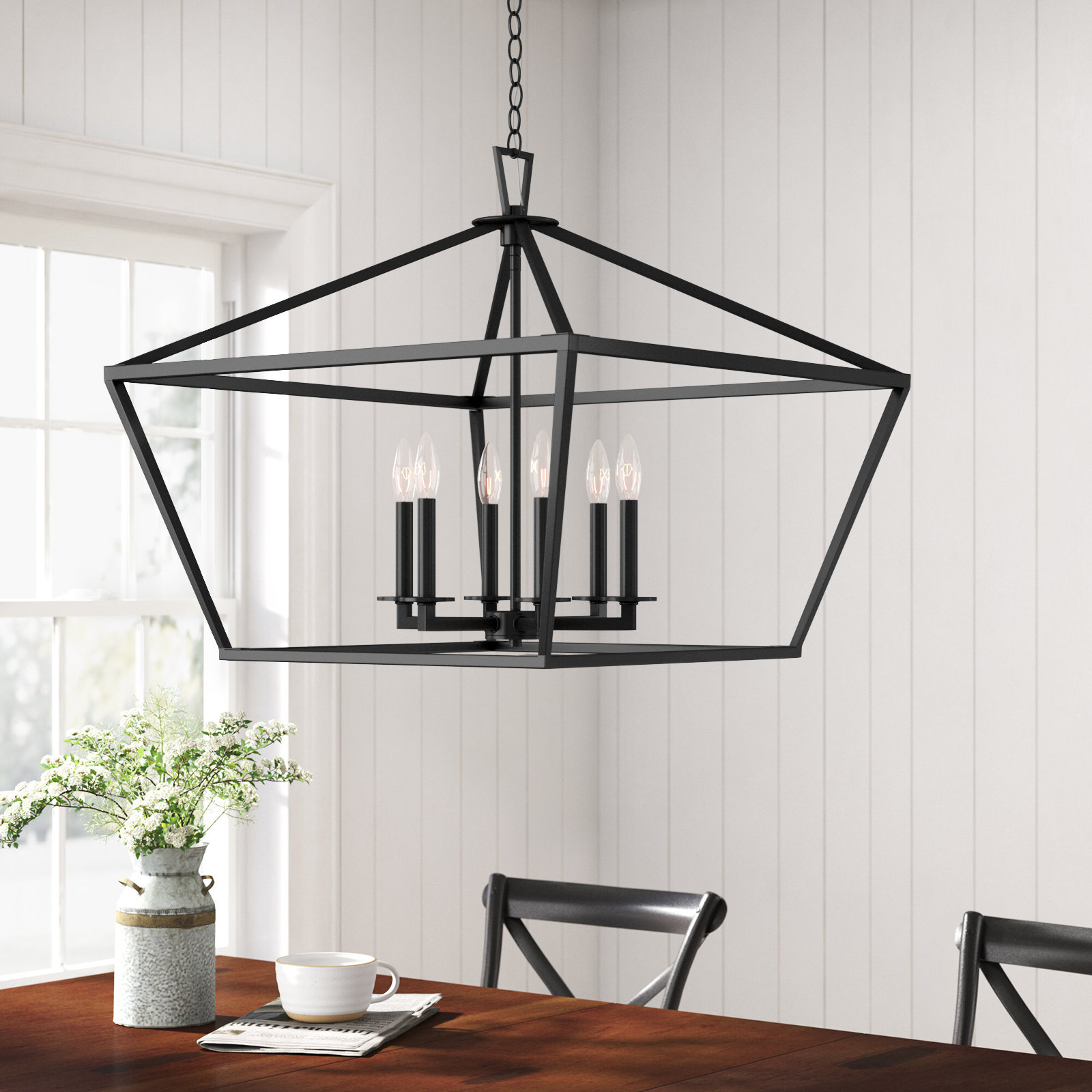 Hastings 6 - Light Metal Dimmable Lantern Chandelier, Matte Black
