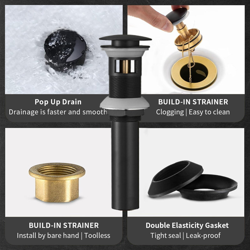 Single-Hole Single-handle Bathroom Faucet with Drain Assembly, Black/Gold