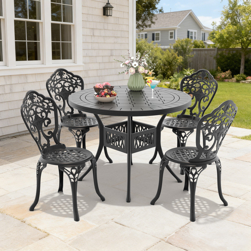 Ensemble de salle à manger d'extérieur 5 pièces en aluminium moulé, table ronde de 100 cm et 4 chaises avec une largeur d'assise de 39 cm