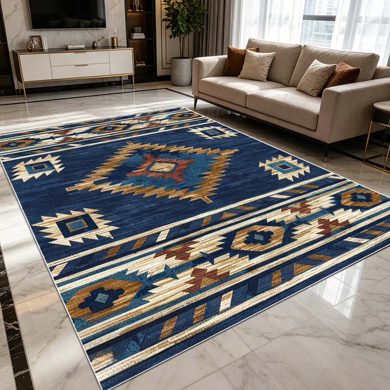 1PC Navy Blue Southwestern Aztec Geometric Tribal Pattern area rugs for Living Room, Soft and Comfortable, Suitable for all seasons, easy-to-maintain, machine washable Indoor floor mat, Under Table Farmhouse suitable for dining table, bedroom,