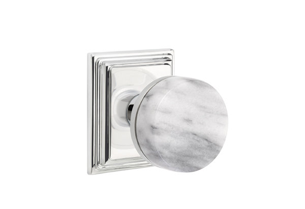 Ensemble de boutons de passage Emtek Select, rosette Wilshire, tige conique, bouton en marbre blanc, CF, Dos plat