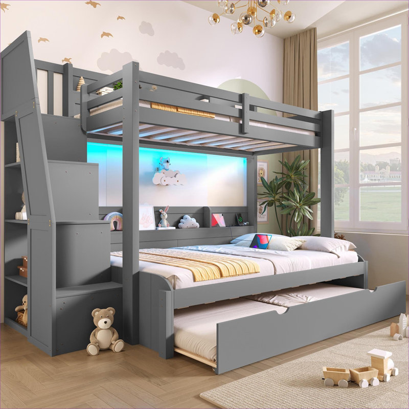 Lit superposé simple au-dessus de double en bois massif avec escalier de rangement, gigogne, éclairage encastré USB et à DEL, gris doux