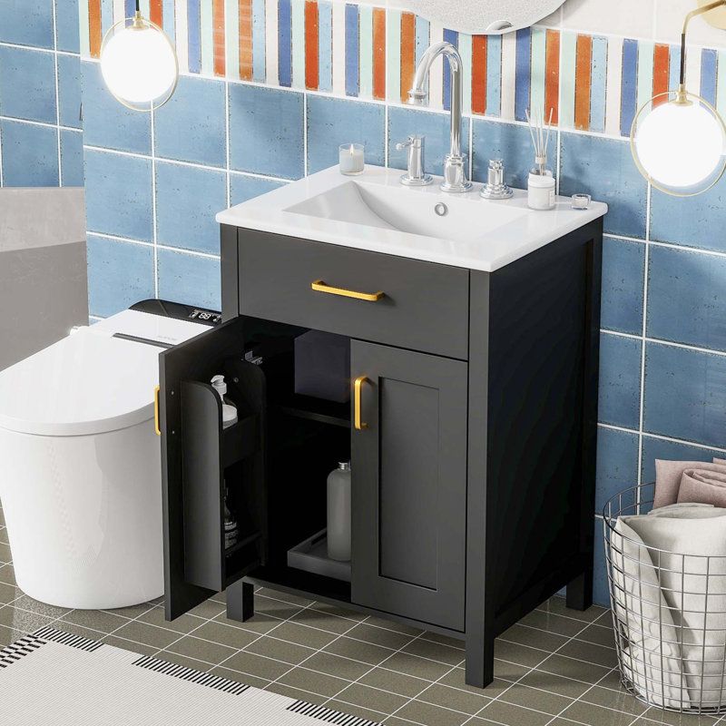 Black 24-Inch Freestanding Bathroom Vanity with Ceramic Sink