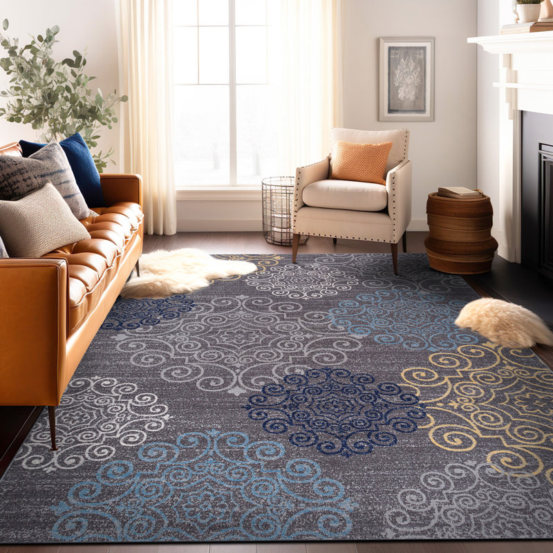 Combien Tufted Gray/Blue/Yellow Non-Slip Rubberback Area Rug, Rectangle 7'10" x 10'