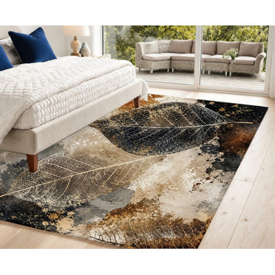 Tapis texturé en velours texturé à motif de feuilles abstraites, dossier antidérapant, tapis décoratif, décoration intérieure artistique pour le salon, la chambre à coucher, le bureau, la salle à manger, le balcon, l’appartement