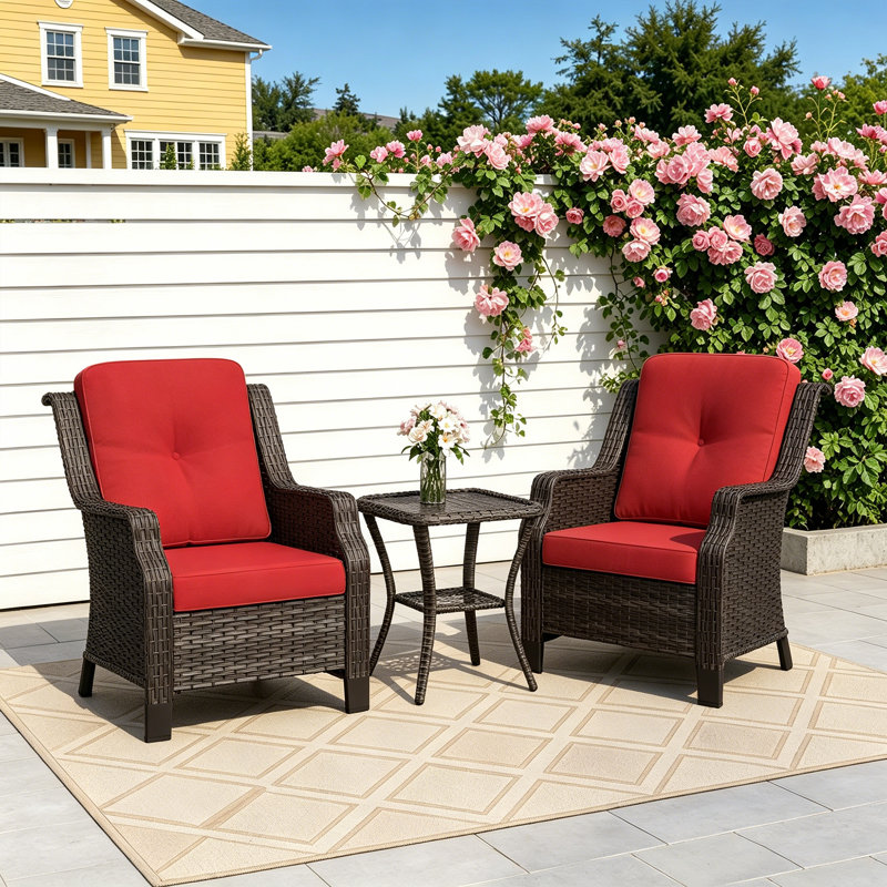 2-Person PE Wicker Outdoor Patio Set with 2 Chairs,Side Table & Red Cushion, Red