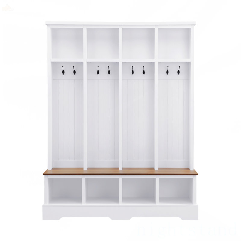 Farmhouse 59"W Wide Hall Tree With 8 Hooks, White