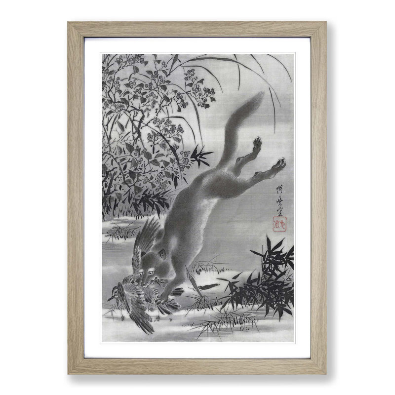 Fox Catching a Bird by Kawanabe Kyosai - Picture Frame Painting Print, 65cm H x 48cm W x 2cm D, Oak Framed