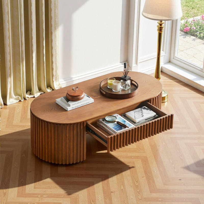 Table basse ovale en MDF avec tiroir, Brun