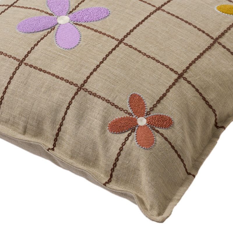 Grid & Flowers Pillow Cover 20x20 Inch, Beige;Purple