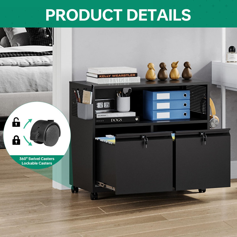 Mobile 2 Drawer File Cabinet with Lock, Black