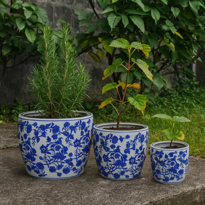 Garden Planter Set Of 3, Classical Ceramic Blue White Floral Pattern